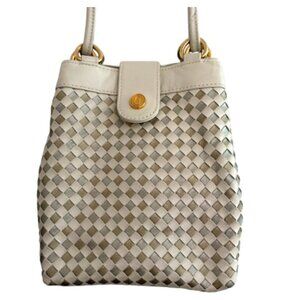 GANSON 80s Woven Leather Shoulder Bag - Putty Color with Metallic Silver & Taupe